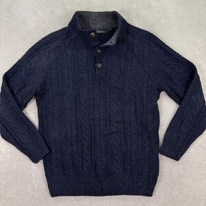 Irelandseye Mens Large Navy Wool Cashmere Cable Knit Sweater Mock Neck Preppy